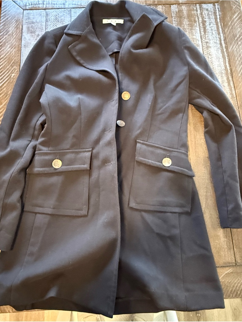 CAbi Black Tailored Pea Coat with Gold Buttons